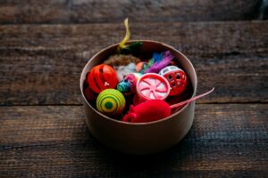 Pet toys. Many toys and balls for dog and cat on wooden background. Various balls, toy mouse, bones